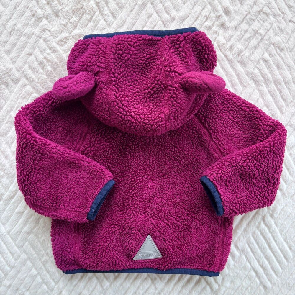 L.L. Bean Baby 6-12M Hi-Pile Fleece Bear Ear Hooded Jacket Cozy Magenta Purple - Picture 2 of 9